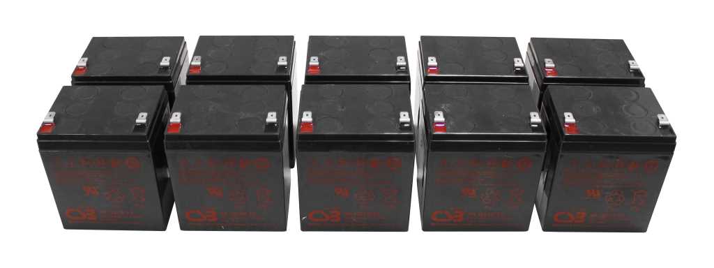 Zehn schwarze Akkus mit Metallkontakten, in zwei Reihen auf weißem Hintergrund angeordnet