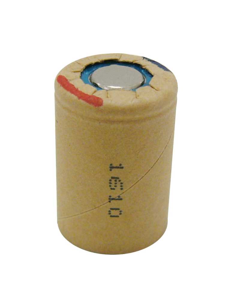 Zylindrische Akkuzelle mit beige Papiermantel, sichtbarer Metallkappe oben und rotem Markierungsstreifen am Rand