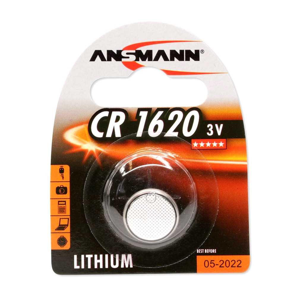 Blisterverpackte Knopfzelle in orange-schwarzer Karte mit Sichtfenster und Aufdruck CR 1620 3V LITHIUM