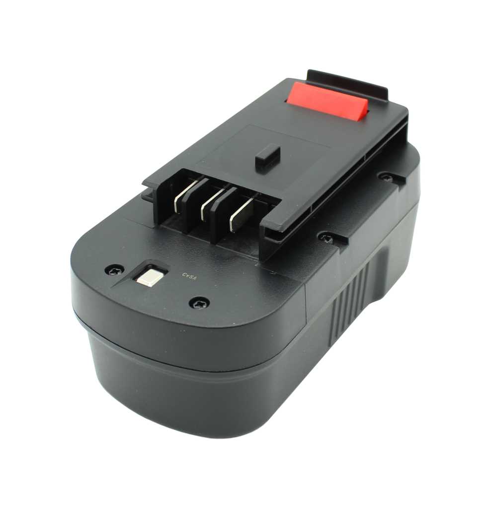 Schwarzer Werkzeugakku mit roter Entriegelungstaste und drei Metallkontakten auf der Oberseite