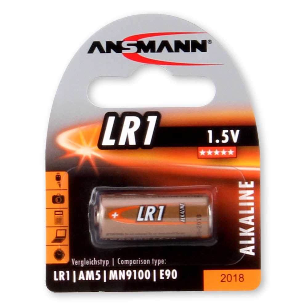 Blisterverpackung mit einer LR1-Alkaline-Batterie, grau-schwarzes Design mit orangefarbenem Streifen und Sichtfenster