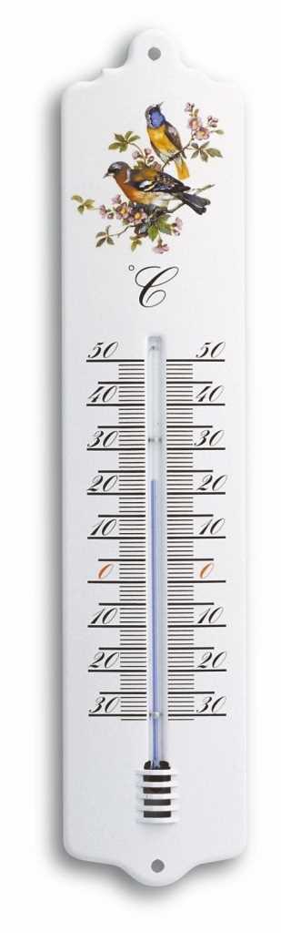 Weißes Hängethermometer mit zwei Vögeln auf blühendem Zweig und Celsius-Skala in der Mitte