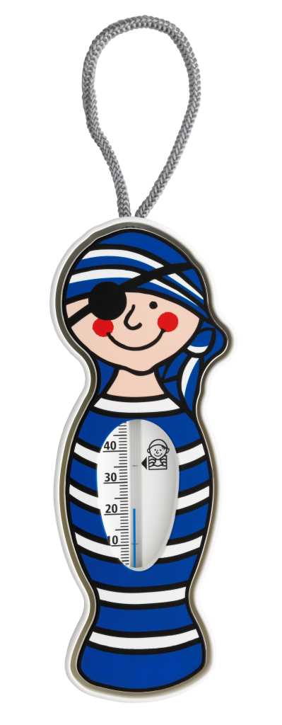 Badethermometer mit Kordel, gestaltet als Figur mit Augenklappe und blau-weiß gestreiftem Outfit
