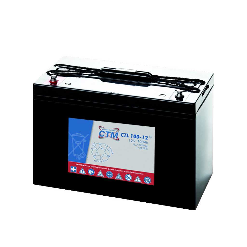 Schwarzer rechteckiger Akku mit Tragegriff und Kabeln oben, zwei Polklemmen und Etikett mit Symbolen auf der Vorderseite