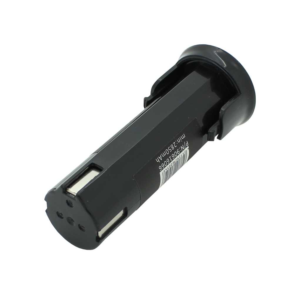 Schwarzer Akkupack in zylindrischer Form mit Kontaktflächen und Halteclip auf weißem Hintergrund