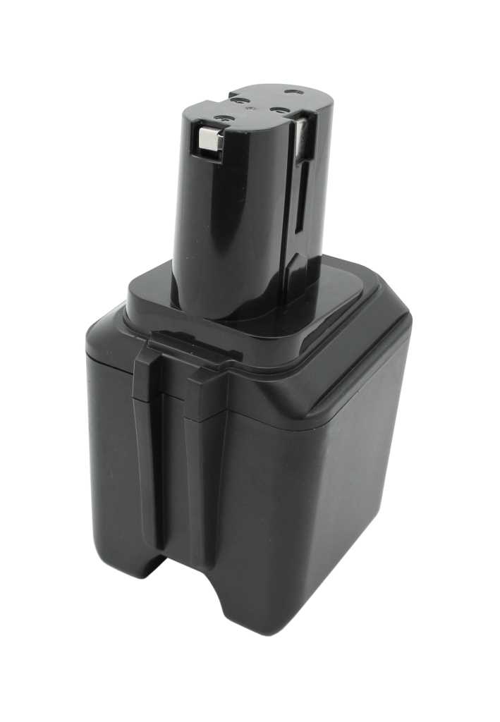 Schwarzer Werkzeugakku mit Steckkontakt und Verriegelungslasche, freigestellt vor weißem Hintergrund