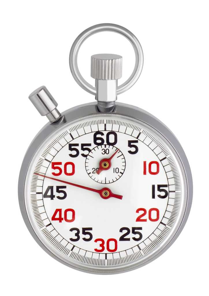Silberne Stoppuhr mit weißem Zifferblatt, roten und schwarzen Zahlen, rotem Zeiger sowie Knopf und Krone oben links