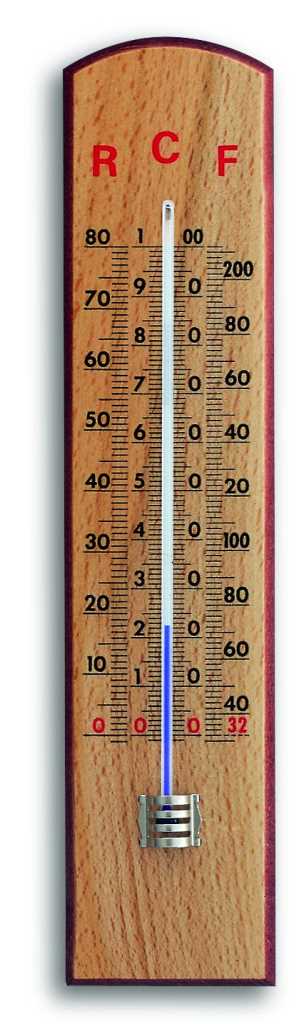 Holzthermometer mit gebogener Oberkante, mittigem Glasrohr und zweifacher Skala in Schwarz und Rot