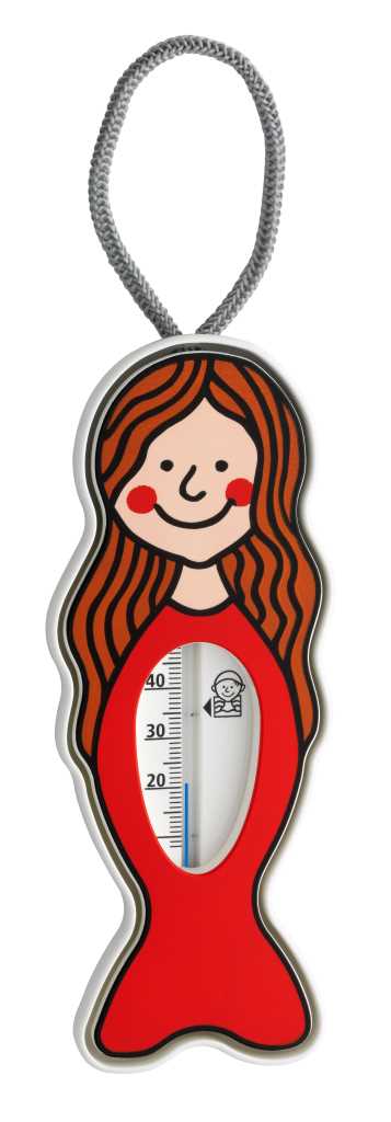 Thermometer in Nixenform mit rotem Körper, braunen Haaren und grauer Kordelschlaufe zum Aufhängen