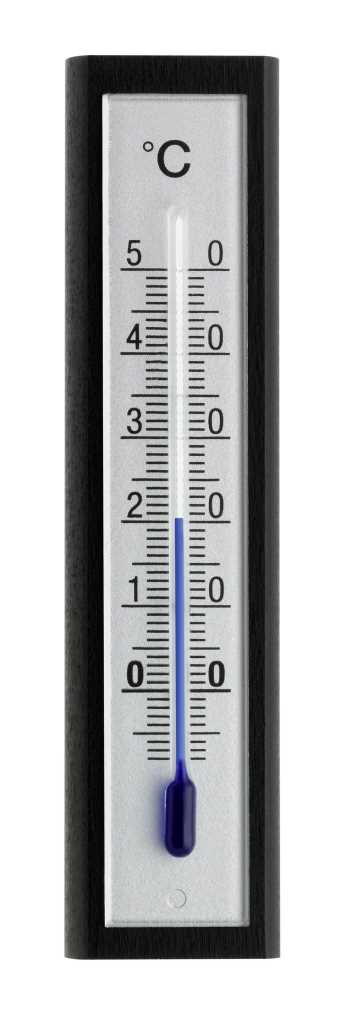 Schwarzes Wandthermometer mit Celsius-Skala und blauer Flüssigkeitssäule auf weißer Fläche