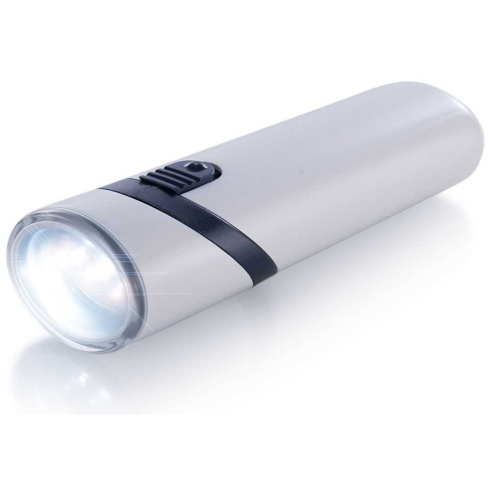 Weiße Taschenlampe mit schwarzem Schalter, seitlich liegend, mit leuchtendem Lampenkopf nach links