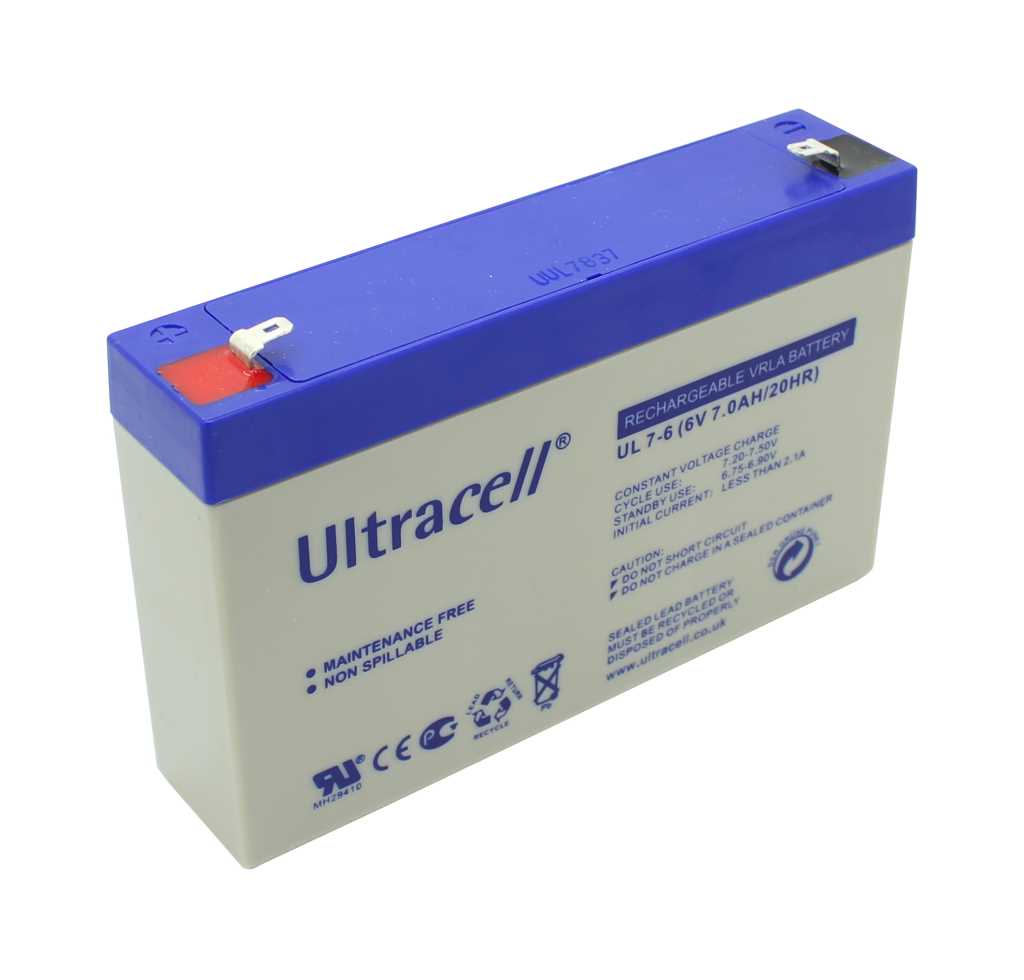 Rechteckiger Akku mit blauem Deckel und grauem Gehäuse, zwei Metallanschlüssen oben, rotem Pluspol links