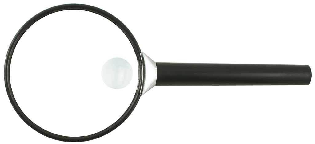 Schwarze Lupe mit rundem Glas und langem Griff auf weißem Hintergrund in Seitenansicht