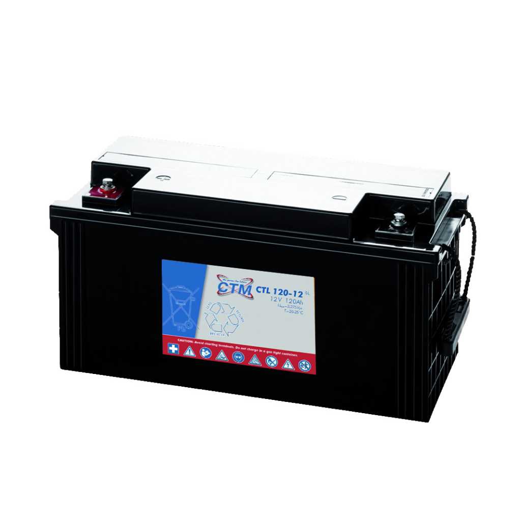 Schwarzer Batterieblock mit weißem Deckel, zwei Schraubpolen und blau-rotem Etikett mit Warnsymbolen an der Frontseite