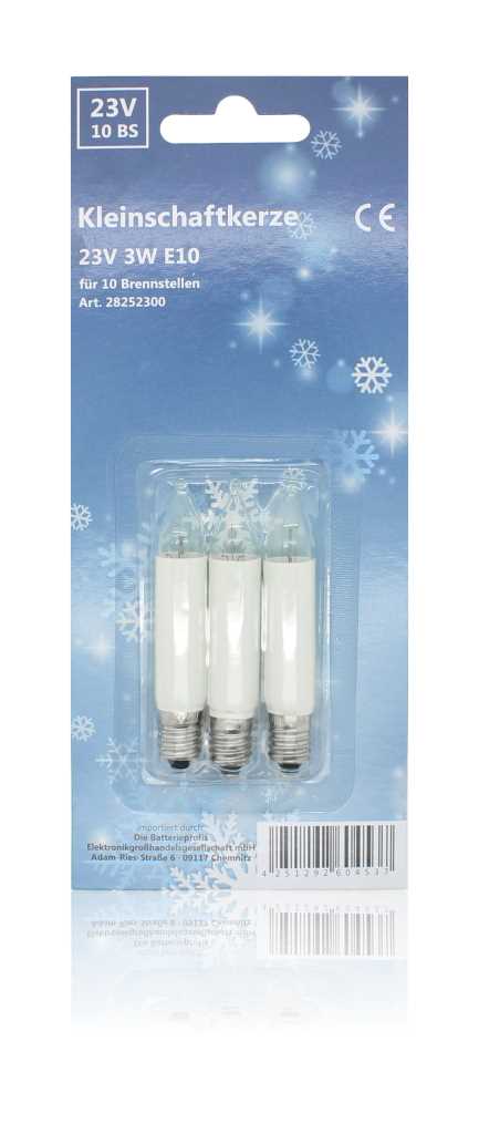 Blisterverpackung mit drei weißen, kerzenförmigen Glühlampen mit Schraubsockel vor blauem Hintergrund mit Schneeflocken