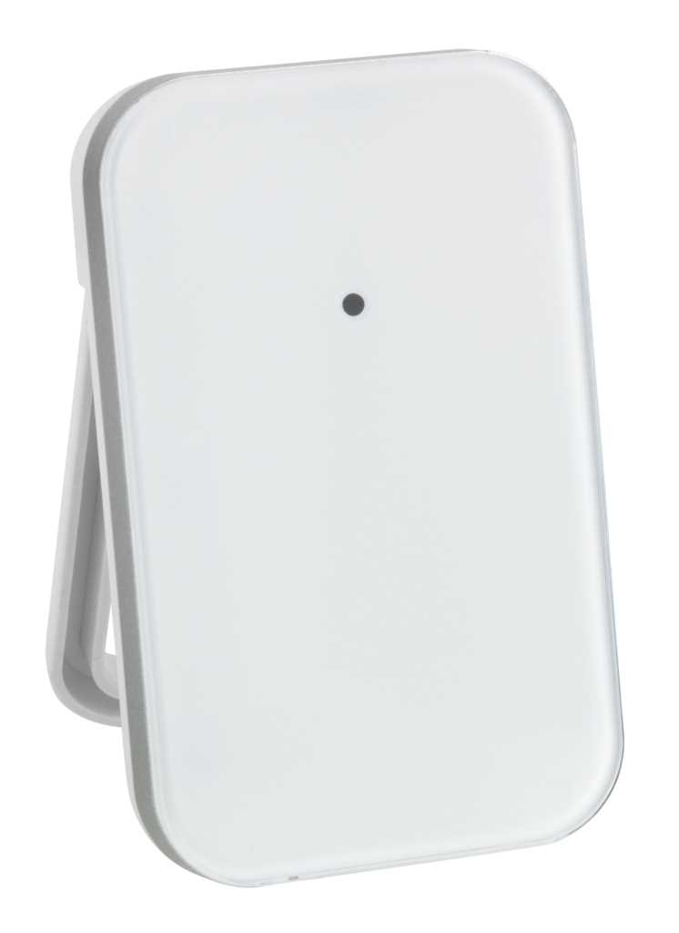 Weißes rechteckiges Gerät mit abgerundeten Ecken, kleinem schwarzen Punkt mittig und aufgeklapptem Standfuß seitlich sichtbar