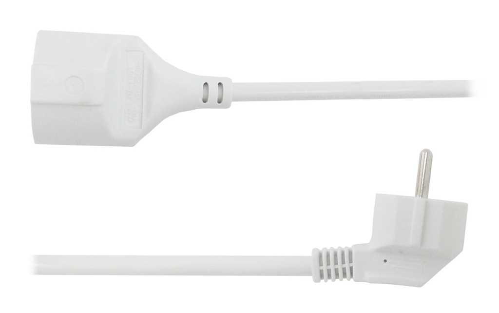 Weißes Stromverlängerungskabel mit Winkelstecker und Kupplung auf weißem Hintergrund