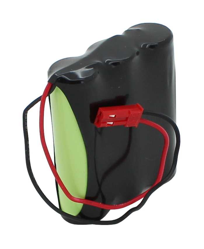 Schwarzer Akkupack mit rotem Steckverbinder sowie rotem und schwarzem Kabel, seitlich grüner Einsatz sichtbar