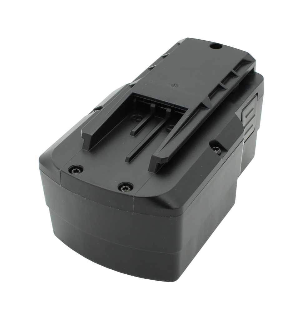 Schwarzer Akku-Pack aus Kunststoff mit Schiebeführung und Kontaktaufnahme, seitlich grauer Entriegelungstaster