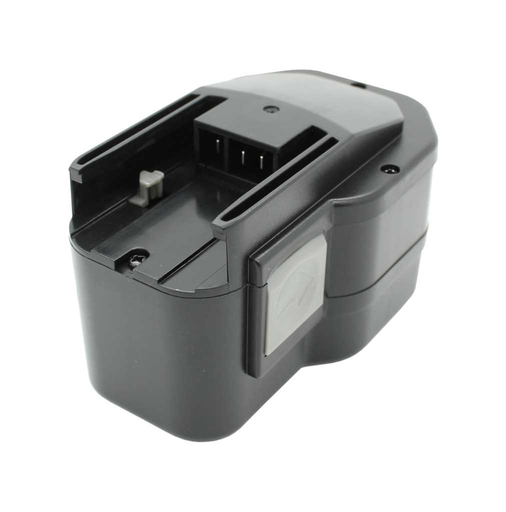 Schwarzer Werkzeugakku mit Aufnahmeschacht, Kontaktpins und seitlicher Entriegelungstaste auf weißem Hintergrund