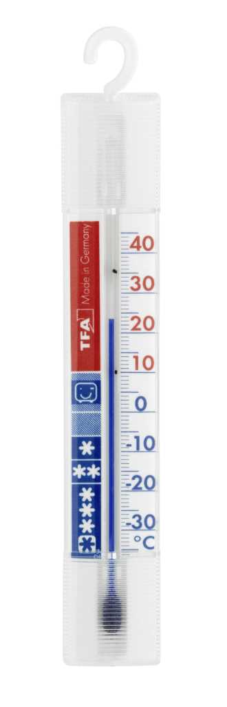 Transparentes Thermometer mit Haken, Skala von -30 bis 40 °C in Blau und Rot