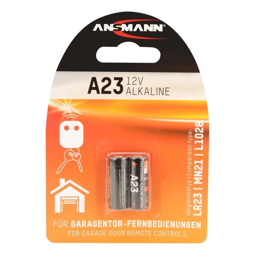 Blisterverpackung mit zwei zylindrischen A23-Batterien, orange-schwarzes Design und Symbolen für Funkfernbedienung und Haus