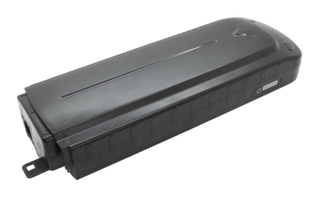 Schwarzer länglicher E-Bike-Akku mit seitlicher Ladestandanzeige und Ein-/Aus-Taste auf weißem Hintergrund