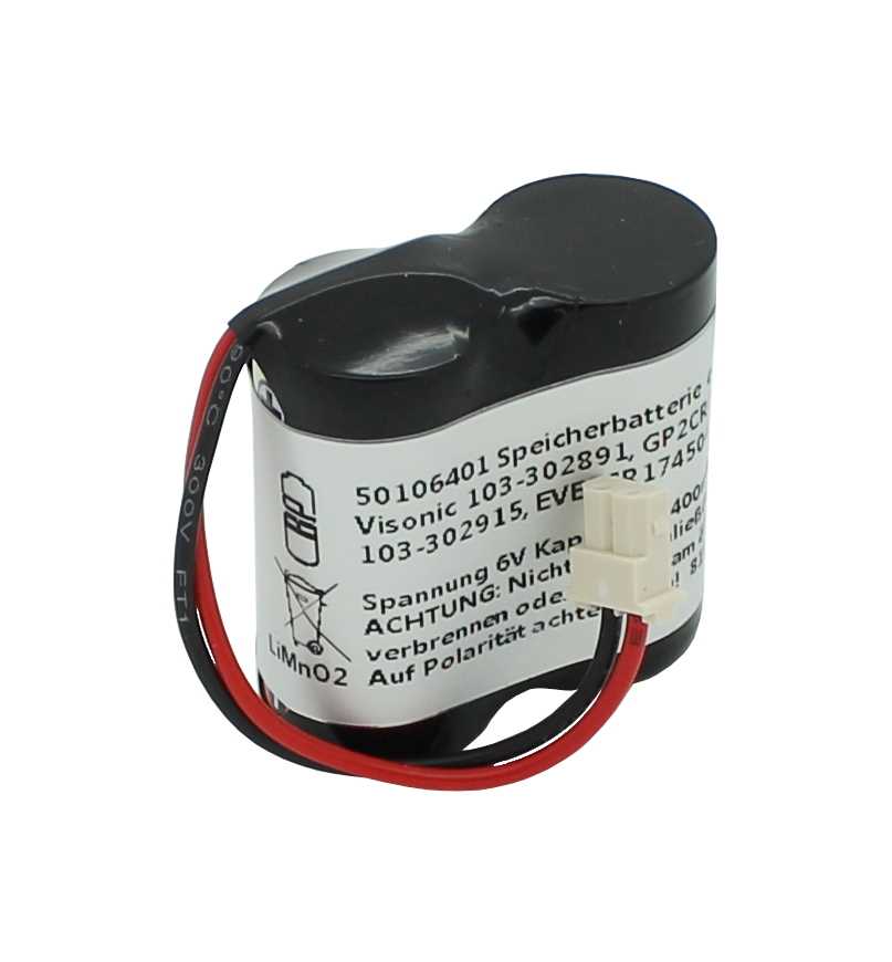 Schwarzer Batteriepäckchen mit weißem Etikett, rot-schwarzem Kabel und weißem Steckverbinder auf weißem Hintergrund