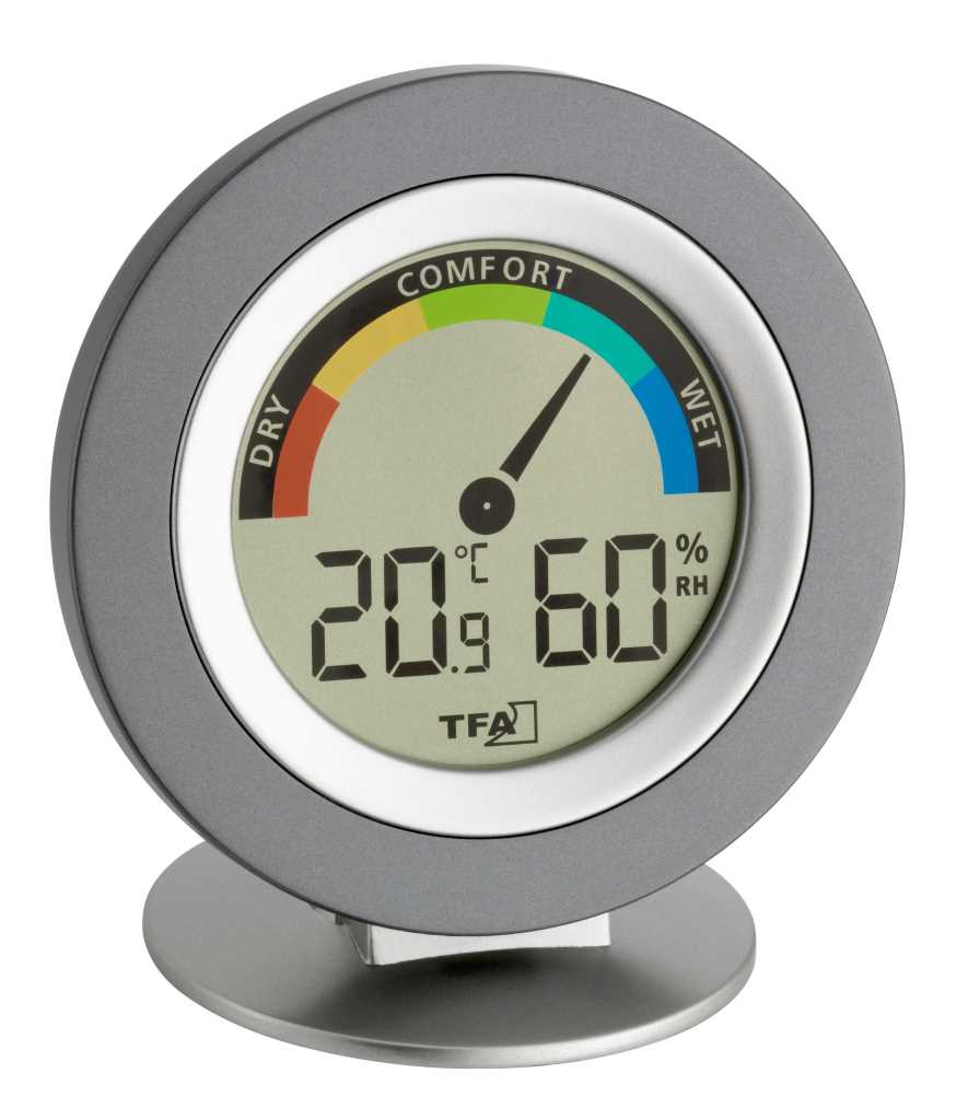 Rundes Thermo-Hygrometer in Grau auf Standfuß, Anzeige 20,9 °C und 60 % RH mit farbiger Skala für trocken bis nass