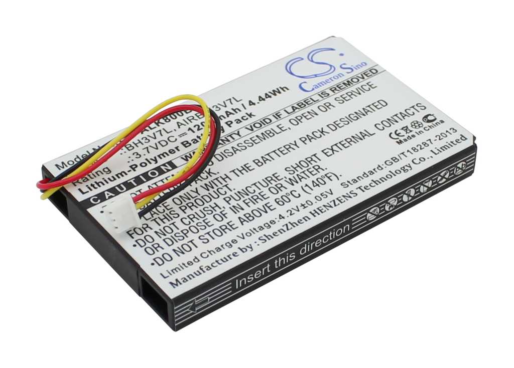 Rechteckiger Akku mit weißem Etikett, drei Kabeln in Rot, Gelb und Schwarz sowie kleinem Stecker auf weißem Hintergrund