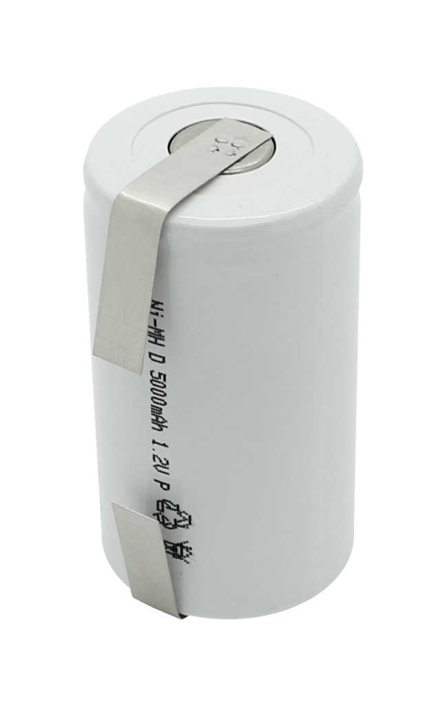 Weißer zylindrischer Akku mit Metall-Lötfahne über der Oberseite auf weißem Hintergrund
