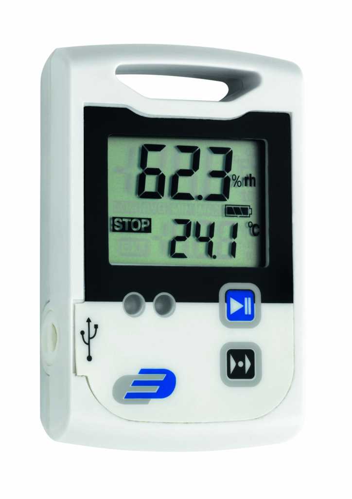 Weißes Messgerät mit Display für Luftfeuchte und Temperatur sowie Tasten und USB-Symbol links