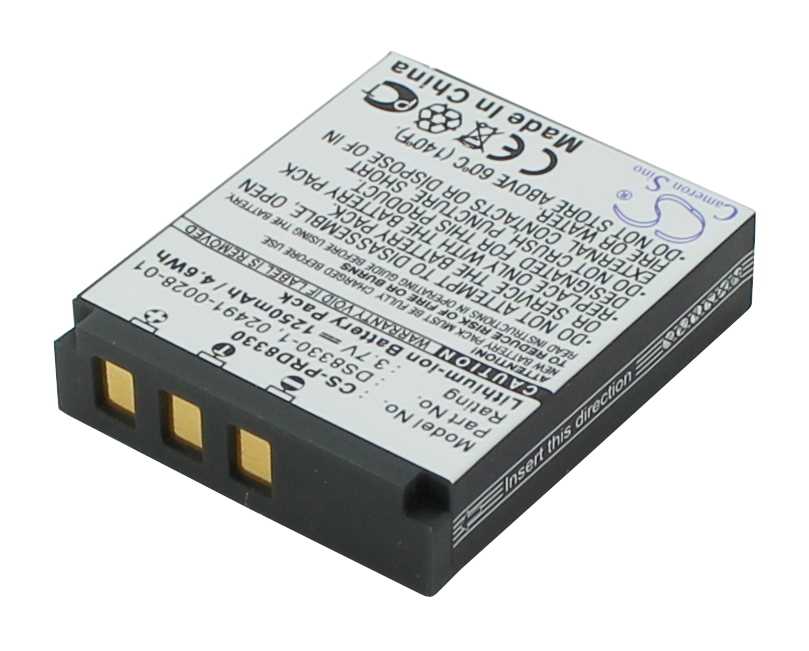 Schwarzer rechteckiger Kameraakku mit weißem Etikett und drei goldfarbenen Kontakten an der Stirnseite