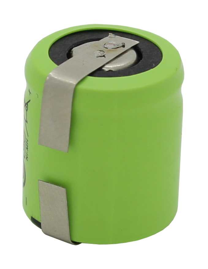 Grüner zylindrischer Akku mit Metall-Lötfahnen oben und unten, Oberseite mit schwarzem Ring und Kontaktfläche