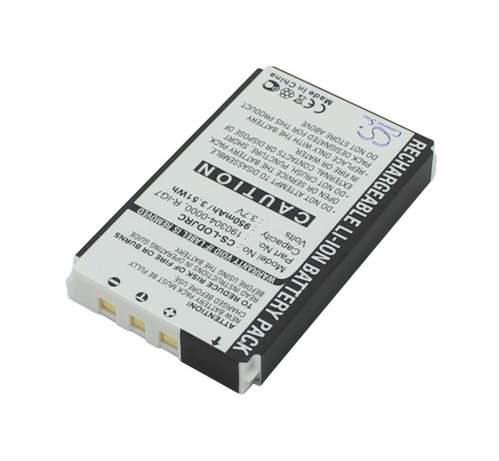 Rechteckiger Akku mit weißem Etikett und schwarzem Rand, drei goldenen Kontakten und Warnhinweisen in Schrägansicht