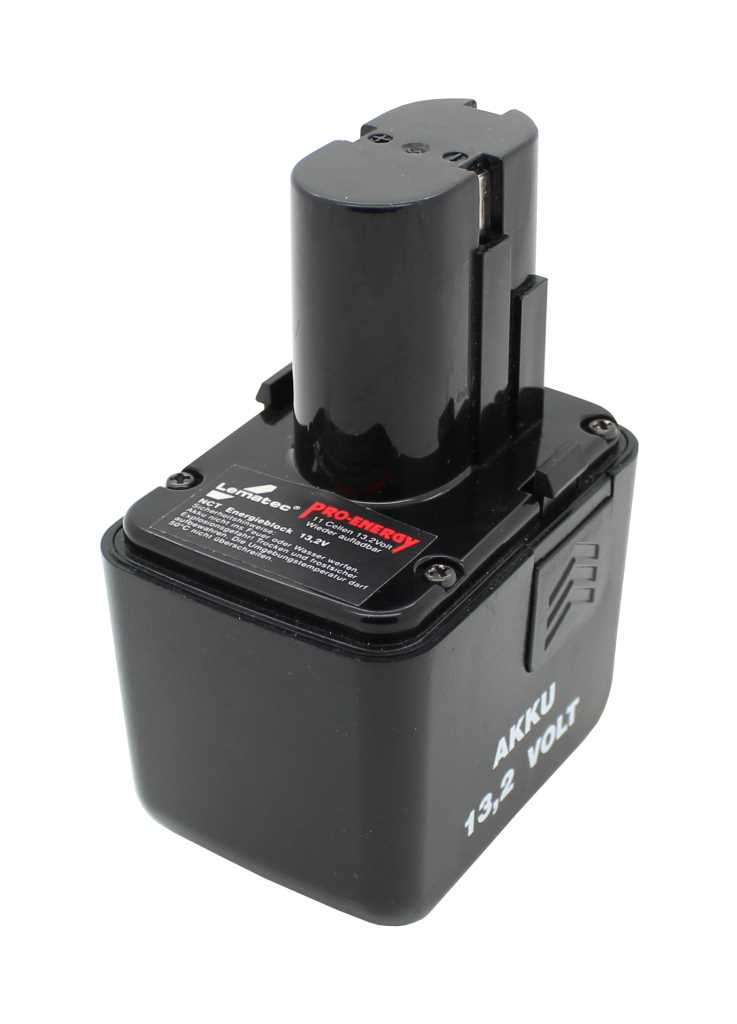Schwarzer Werkzeugakku mit hohem Steckaufsatz und weißer Aufschrift 13,2 Volt auf der Seite