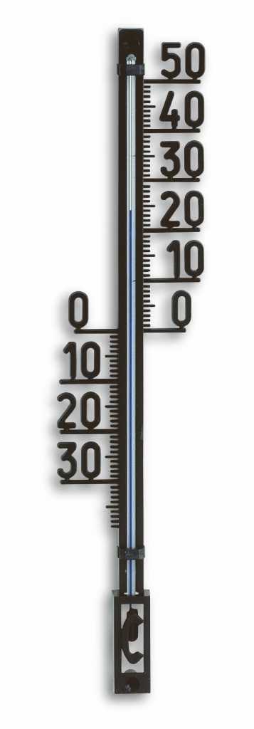 Schwarzes Stabthermometer mit großer Skala von -30 bis 50 und blauer Flüssigkeitssäule auf weißem Hintergrund