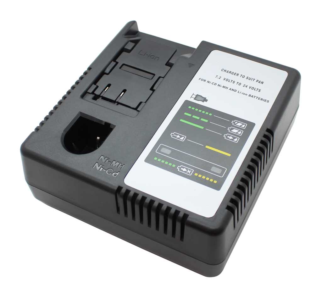 Schwarzes Akkuladegerät mit Ladeschacht und Statusanzeige mit farbigen Balken auf der Oberseite