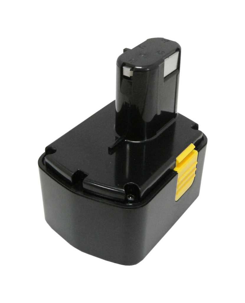Schwarzer Akkupack mit aufgesetztem Steckanschluss und gelbem Entriegelungsknopf, freigestellt auf weißem Hintergrund
