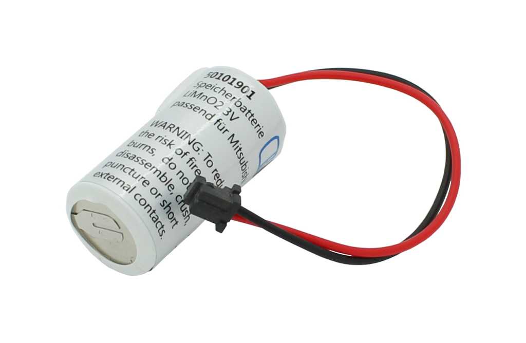 Weiße zylindrische Batterie mit Warnaufdruck, rotem und schwarzem Kabel sowie schwarzem Steckverbinder auf weißem Hintergrund