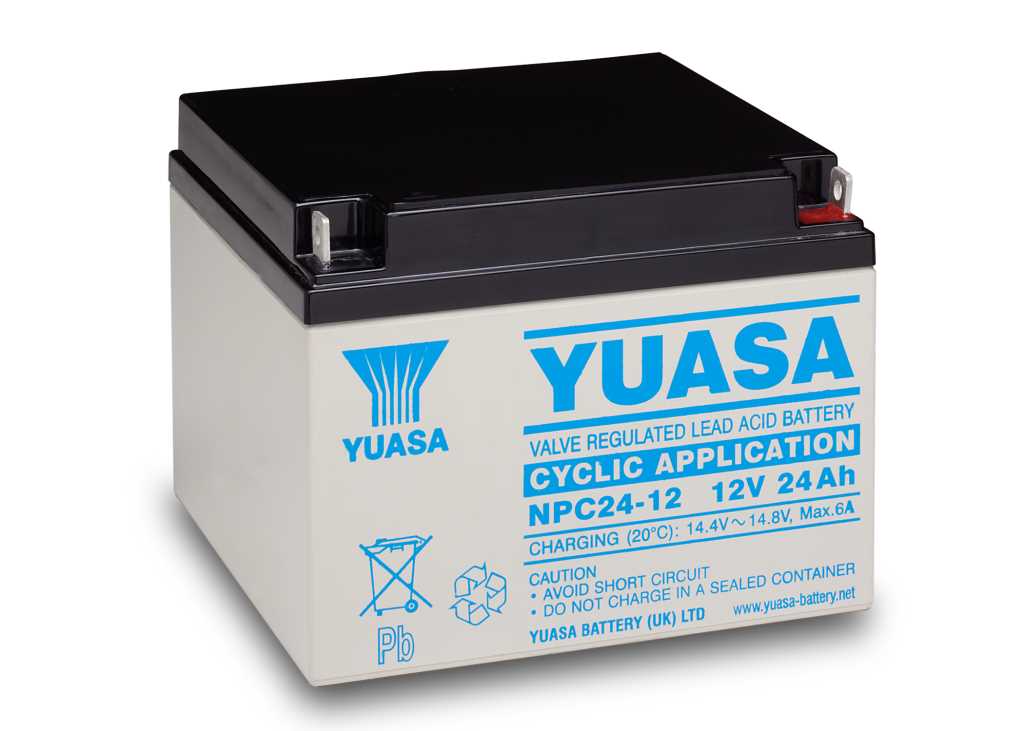 Graue Batterie mit schwarzem Deckel und zwei Metallpolen, blaue Beschriftung auf der Vorderseite