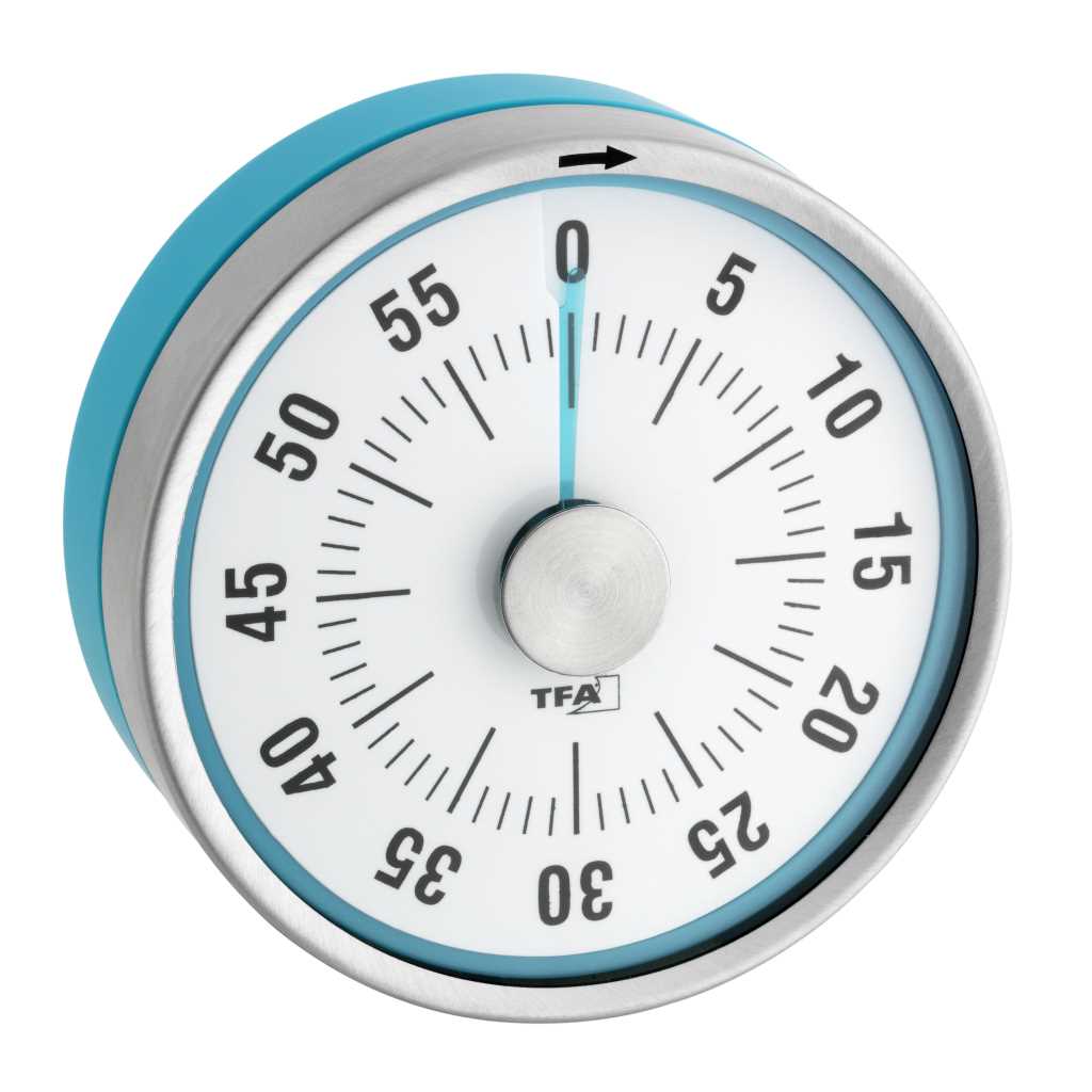 Runder Küchen-Timer in Türkis und Edelstahloptik mit weißem Zifferblatt und Skala von 0 bis 60 Minuten