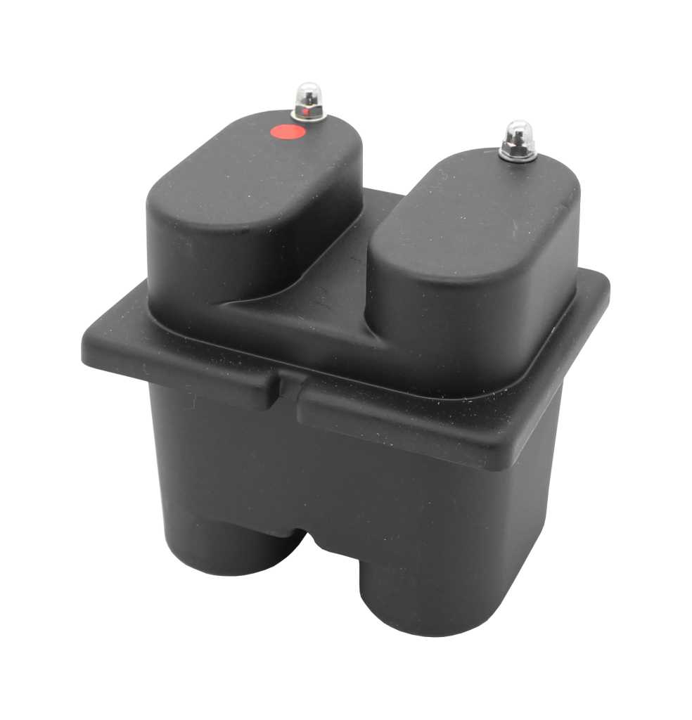 Schwarzer Akkublock mit zwei erhabenen Kammern, zwei Metallkontakten oben und rotem Punkt auf einer Kammer