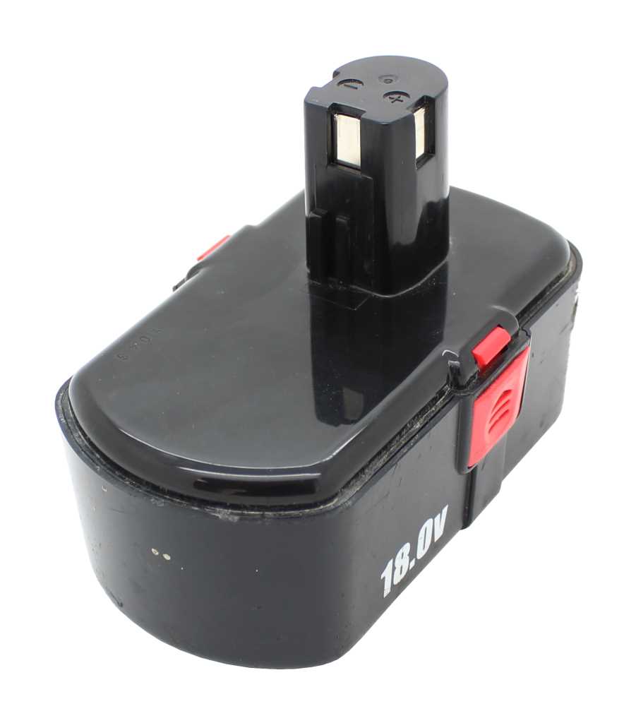 Schwarzer Werkzeugakku mit roter Entriegelung und Kontaktstift, seitlicher Aufdruck 18.0V