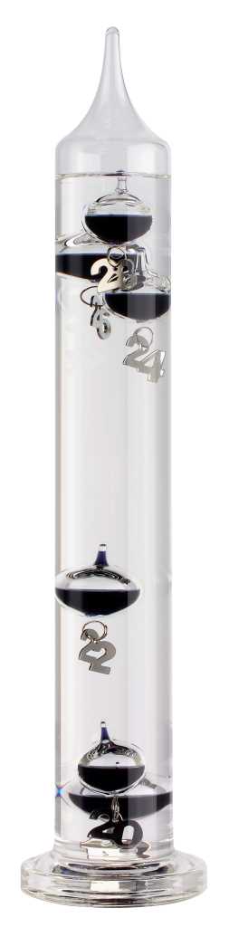 Glaszylinder mit Flüssigkeit und vier schwarzen Kugeln mit silbernen Zahlanhängern 20, 22, 24, 26