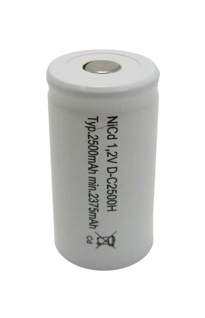 Weiße zylindrische Akku-Zelle im D-Format mit flachem Pluspol und schwarzer Beschriftung auf der Seite