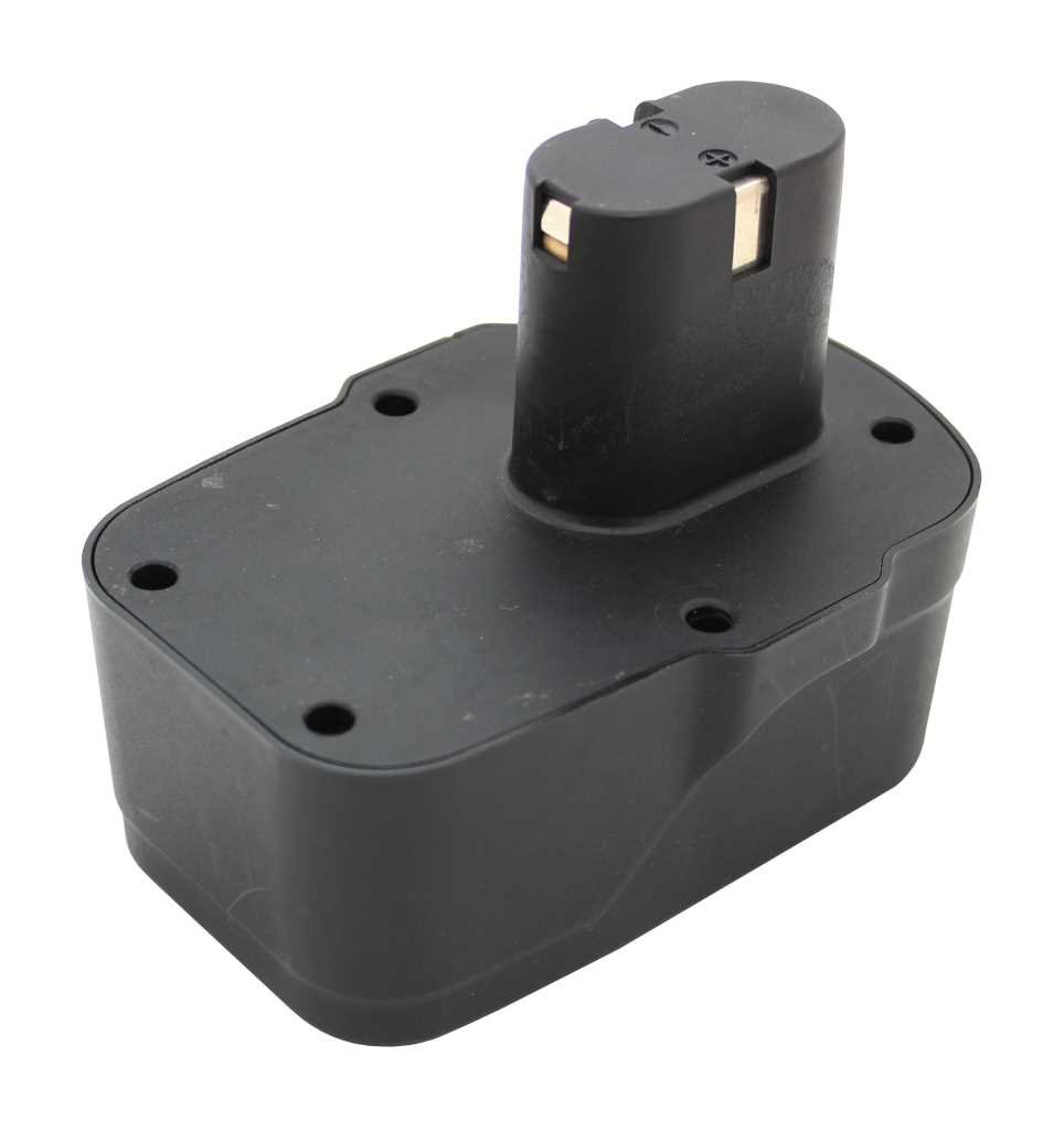 Schwarzer Werkzeugakku mit rechteckigem Gehäuse und hochstehendem Anschluss mit zwei Metallkontakten auf weißem Hintergrund