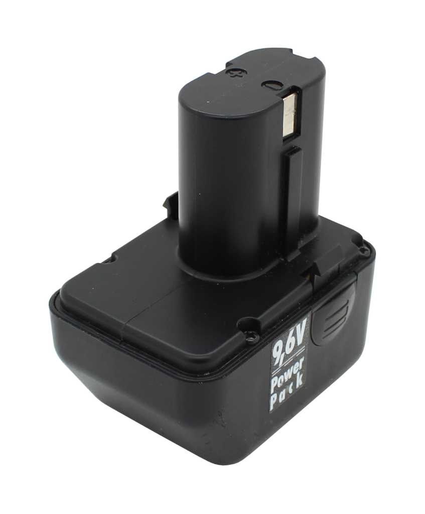 Schwarzer Werkzeugakku mit rechteckigem Fuß und hohem Steckanschluss, Seitenansicht auf weißem Hintergrund