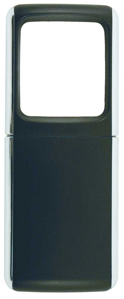 Schwarze rechteckige Lupe mit großem Sichtfenster und silbernen Seitenleisten, frontale Ansicht