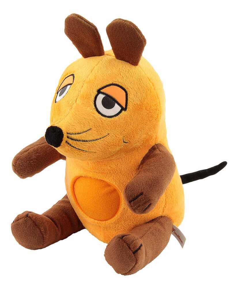 Gelbes Stofftier in Mausform mit braunen Ohren, Pfoten und Schwanz, sitzend mit ovaler Bauchfläche